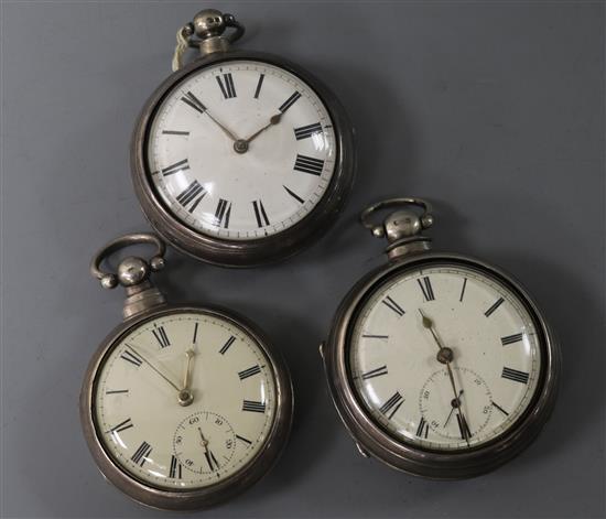 An early Victorian silver pair-cased keywind pocket watch and two other silver pair-cased pocket watches,
